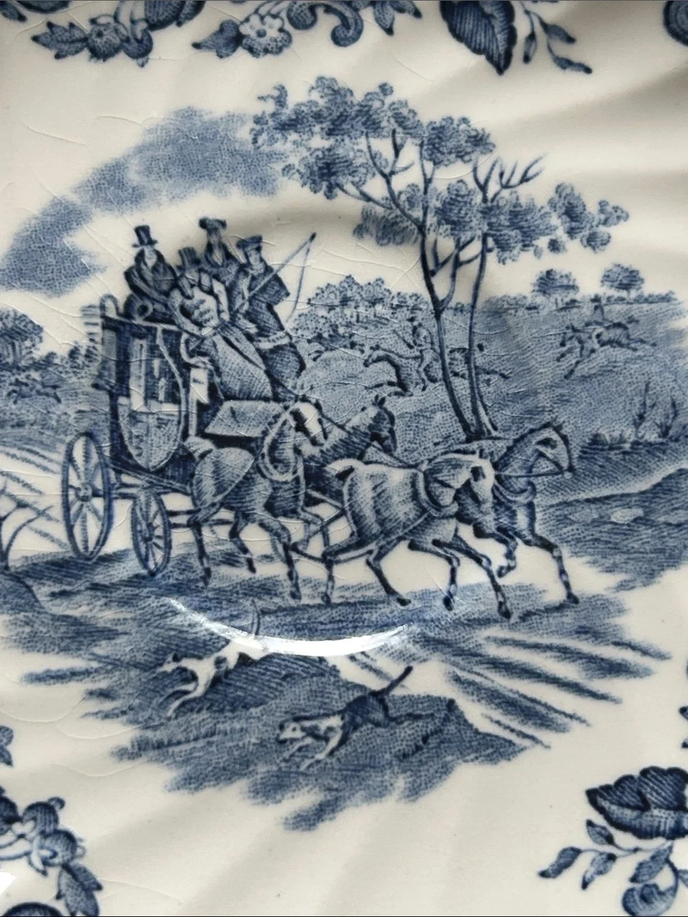 Vintage Blue and White Transferware Dinner Plate with Carriage Motif